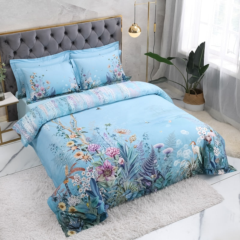Botanical Sky Blue Duvet Cover Set (Egyptian Cotton, 500 TC) Bedding Roomie Design 