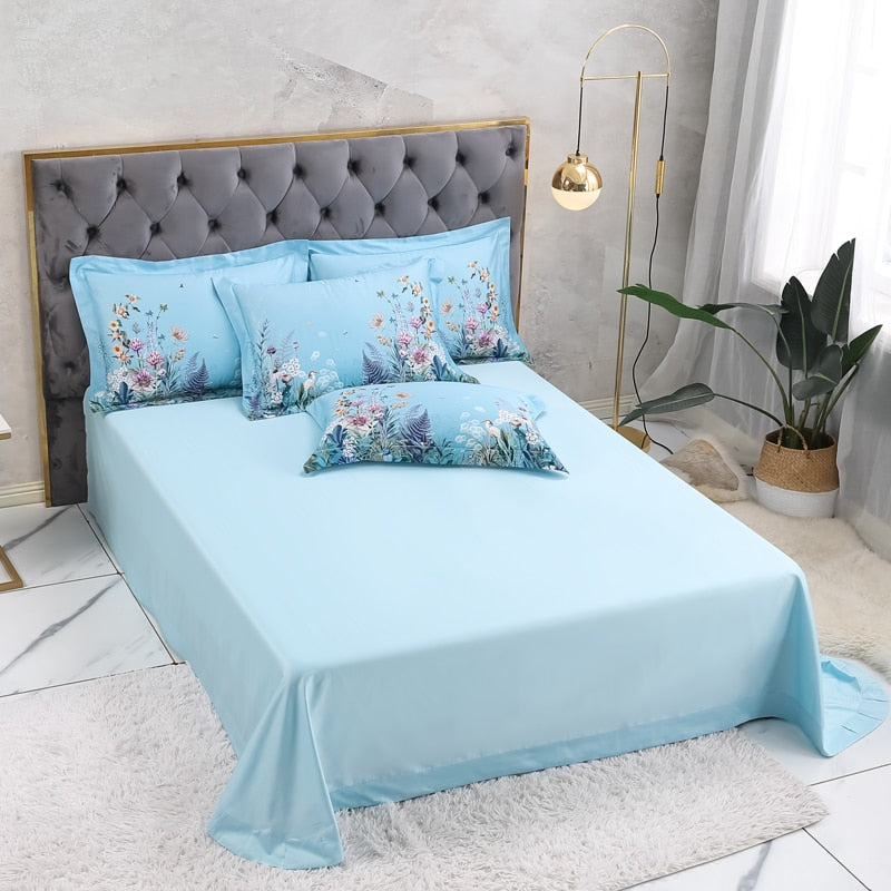 Botanical Sky Blue Sheet (Egyptian Cotton, 500 TC) Bed Sheets Roomie Design 