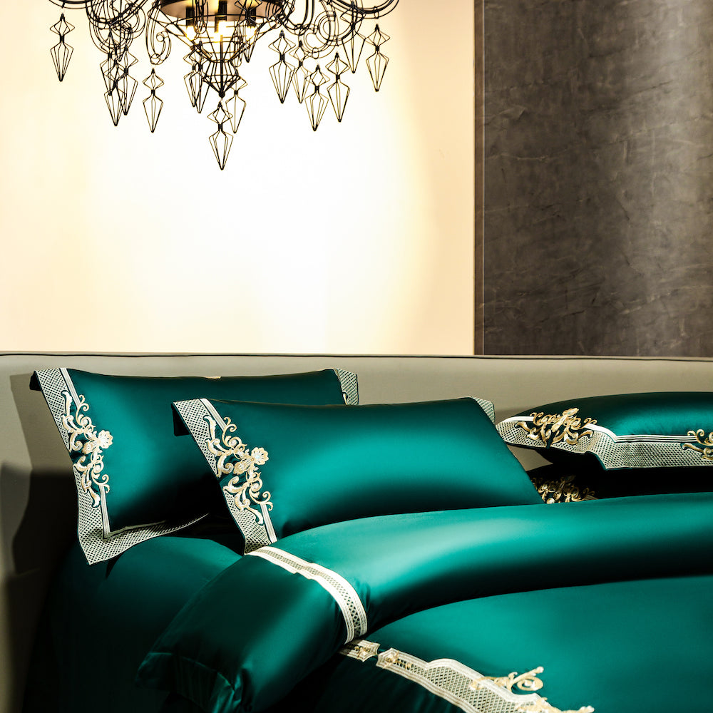 Emerald Green Golden Jacquard Duvet Cover Set Luxury Designer Bedding ...