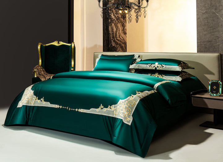 Emerald Green Golden Jacquard Duvet Cover Set