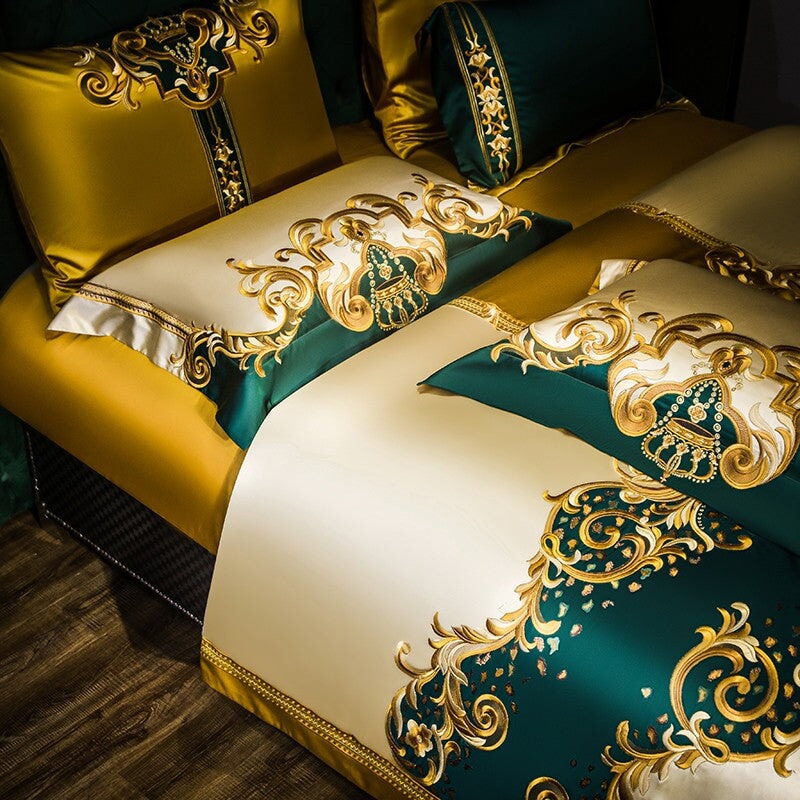 Gloria Royal Green And Gold Embroidered Duvet Cover Set