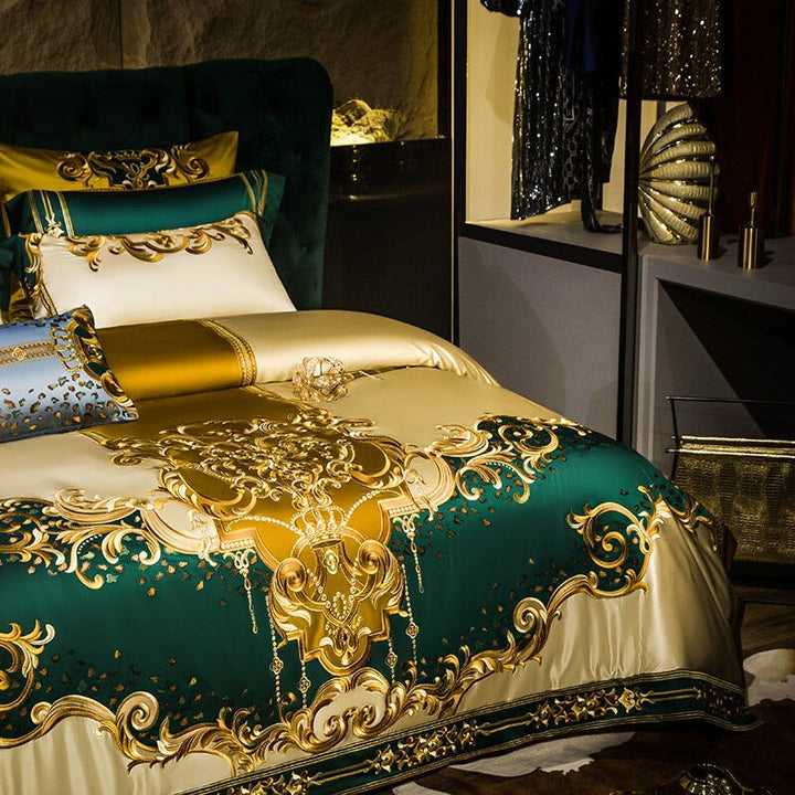 Gloria Royal Green And Gold Embroidered Duvet Cover Set
