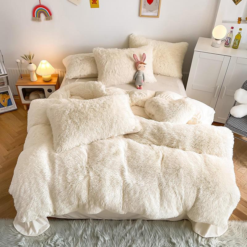 Hug and Snug Fluffy Cream Duvet Cover Set Bedding Roomie Design Single Flat Sheet 4 Piece Set
