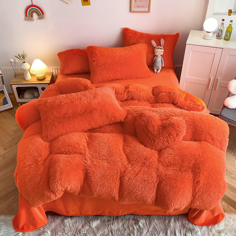 Hug and Snug Fluffy Orange Duvet Cover Set Bedding Roomie Design Single Flat Sheet 4 Piece Set