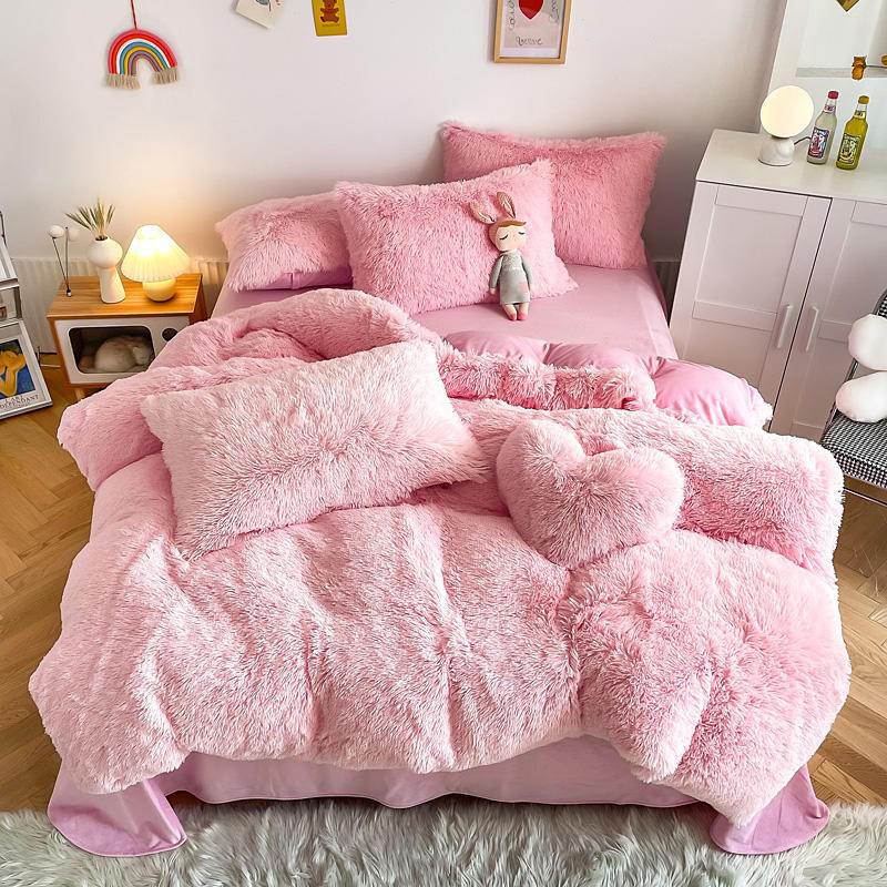 Hug and Snug Fluffy Pink Duvet Cover Set Bedding Roomie Design Single Flat Sheet 4 Piece Set