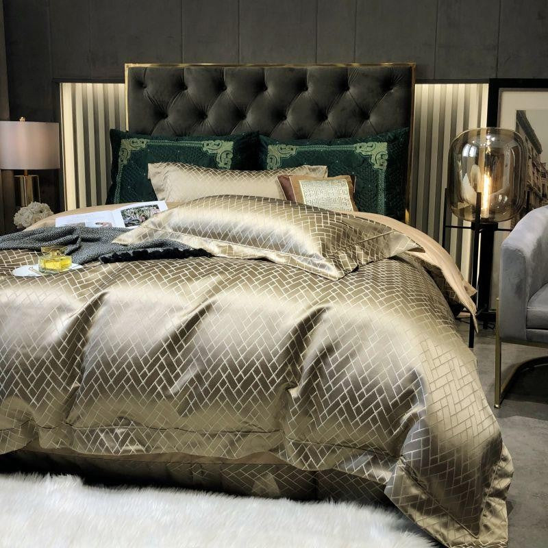 Cirque Gold and Gray Modern Circles 9-10 pc Duvet Style Comforter Bed Set by Mad