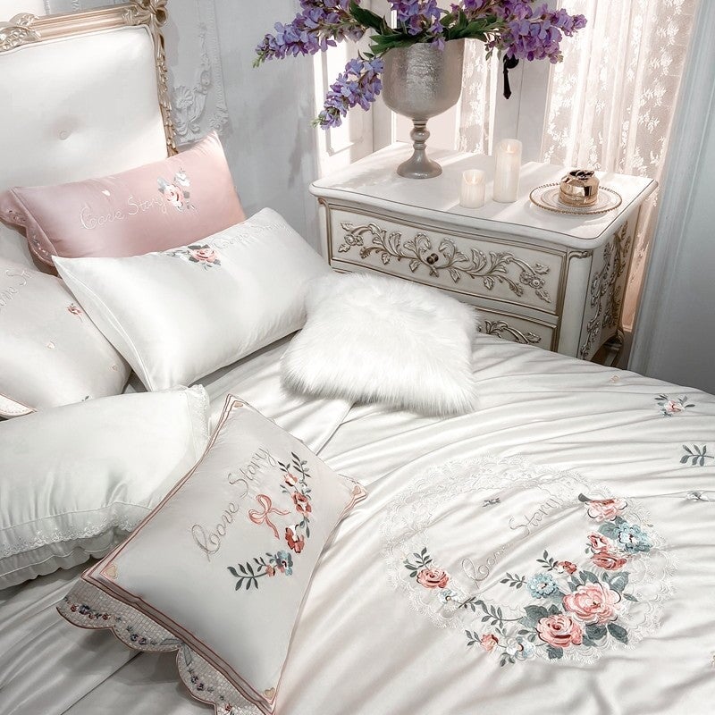 Popxstar  Chinese Style Orchid Embroidery Luxury Bedding Set 800TC Lyocell Silky Cooling Duvet Cover Flat/Fitted Bed Sheet Pillowcase 4Pcs