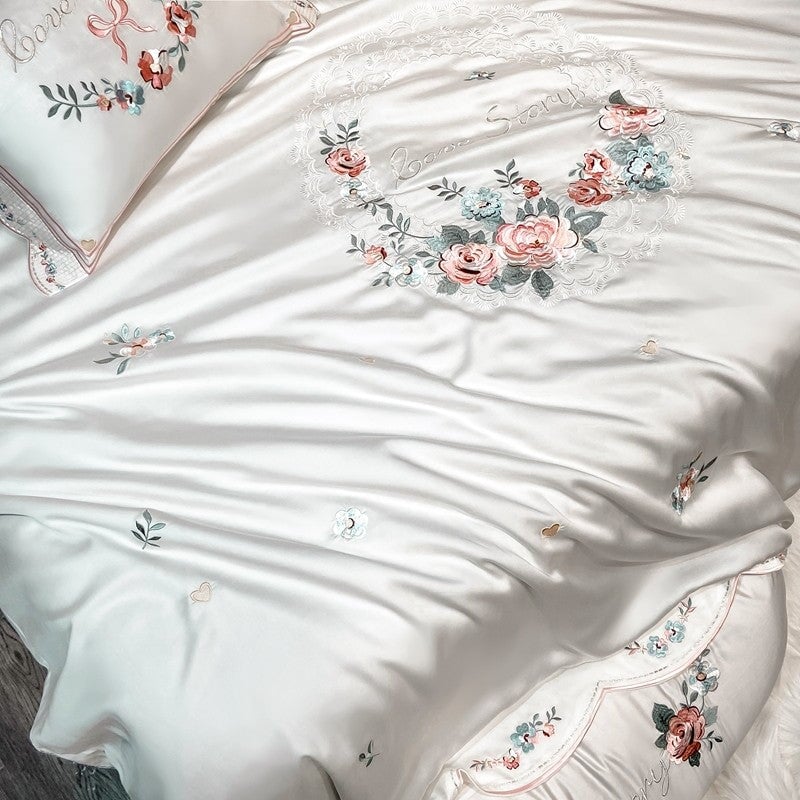 Qfdian Chinese Style Orchid Embroidery Luxury Bedding Set 800TC Lyocell Silky Cooling Duvet Cover Flat/Fitted Bed Sheet Pillowcase 4Pcs main image 1