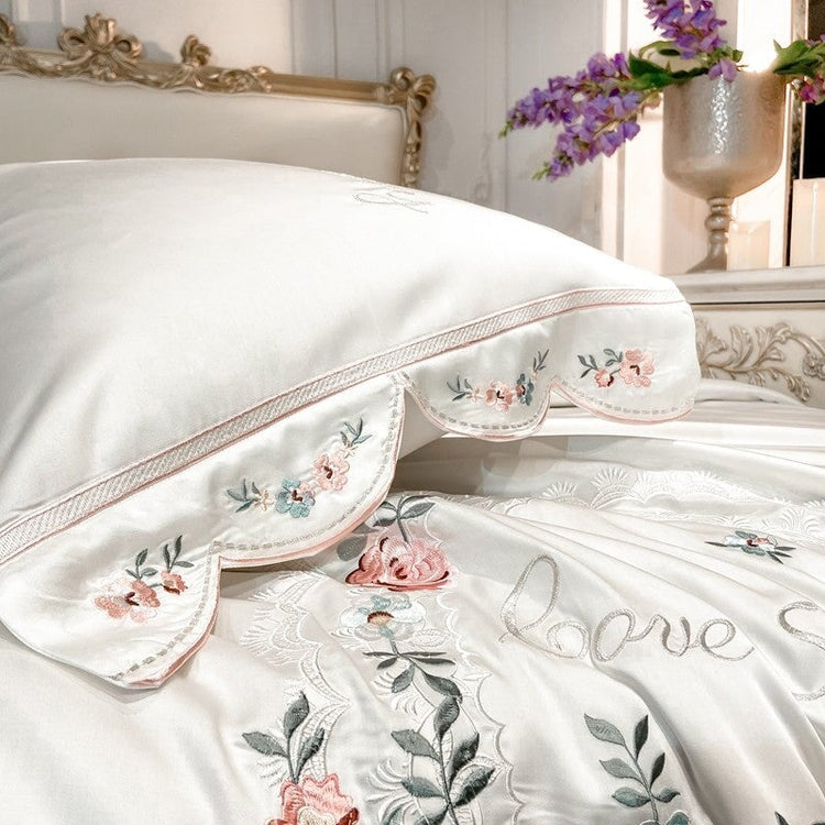 Qfdian Chinese Style Orchid Embroidery Luxury Bedding Set 800TC Lyocell Silky Cooling Duvet Cover Flat/Fitted Bed Sheet Pillowcase 4Pcs