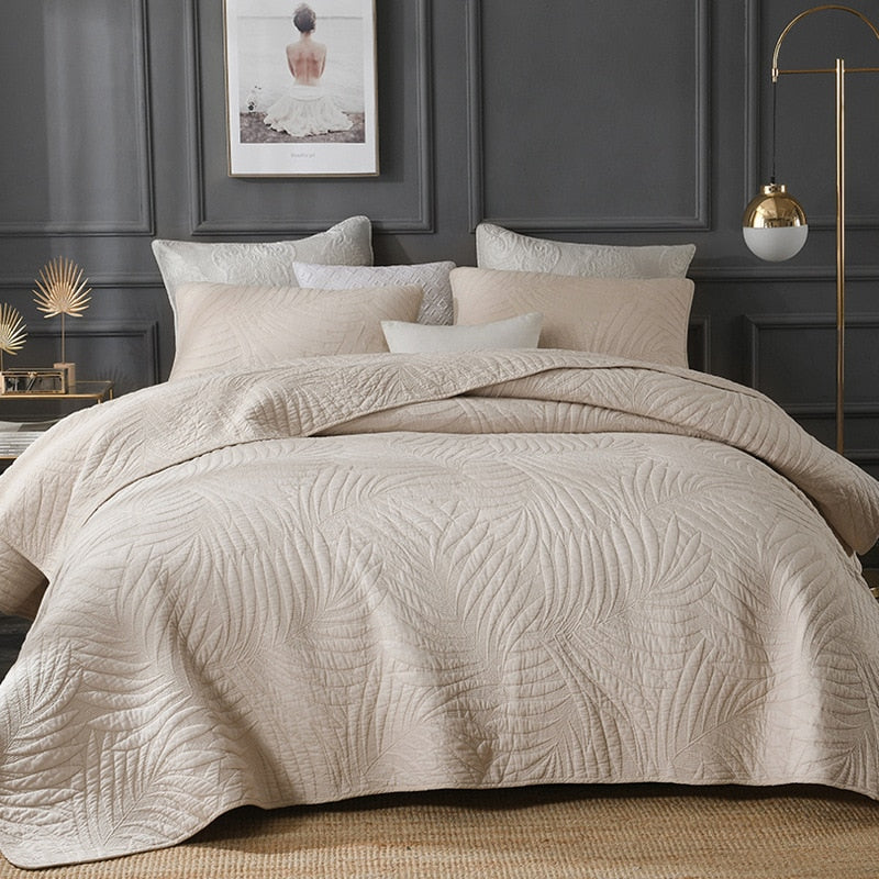 Luxury Fern Cotton Quilt Set Bedding Roomie Design 230X250 cm 3 Piece Set Beige