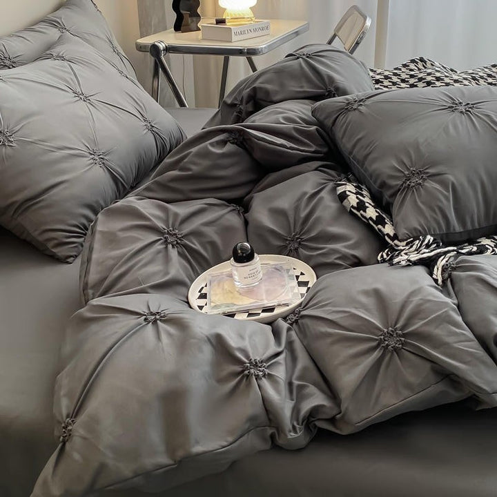 Pinch Pleated Grey 4 Piece Duvet Cover Set