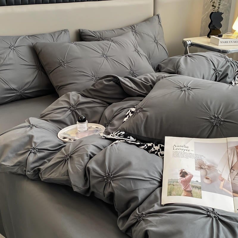 Pinch Pleated Grey 4 Piece Duvet Cover Set