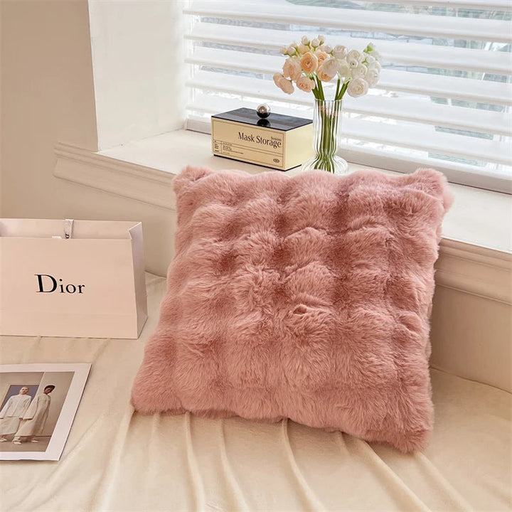 Rabbit Faux-Fur Blanket Blanket & Pillow Cover Bedding Roomie Design Pillow: 45x45 cm (18x18 in) Pink 
