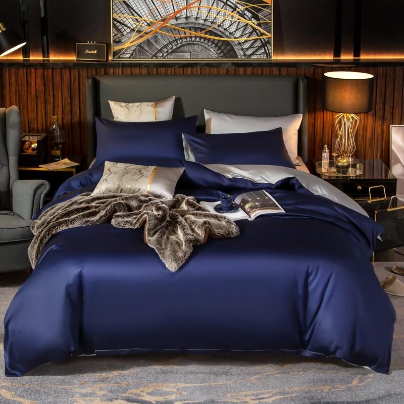 Reversible Dark Blue Duvet Cover Set (Egyptian Cotton, 600 TC) Bedding Roomie Design Flat Bed Sheet 200 x 230 cm 