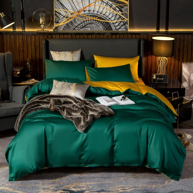 Reversible Green Duvet Cover Set (Egyptian Cotton, 600 TC) Bedding Roomie Design Flat Bed Sheet 200 x 230 cm 