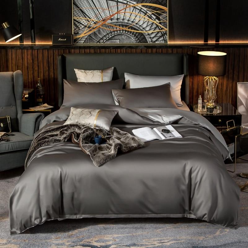 Reversible Grey Duvet Cover Set (Egyptian Cotton, 600 TC) Bedding Roomie Design Flat Bed Sheet 200 x 230 cm 