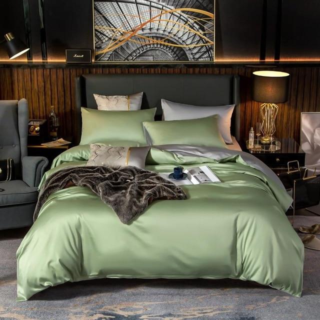 Reversible Light Green Duvet Cover Set (Egyptian Cotton, 600 TC) Bedding Roomie Design Flat Bed Sheet 200 x 230 cm 