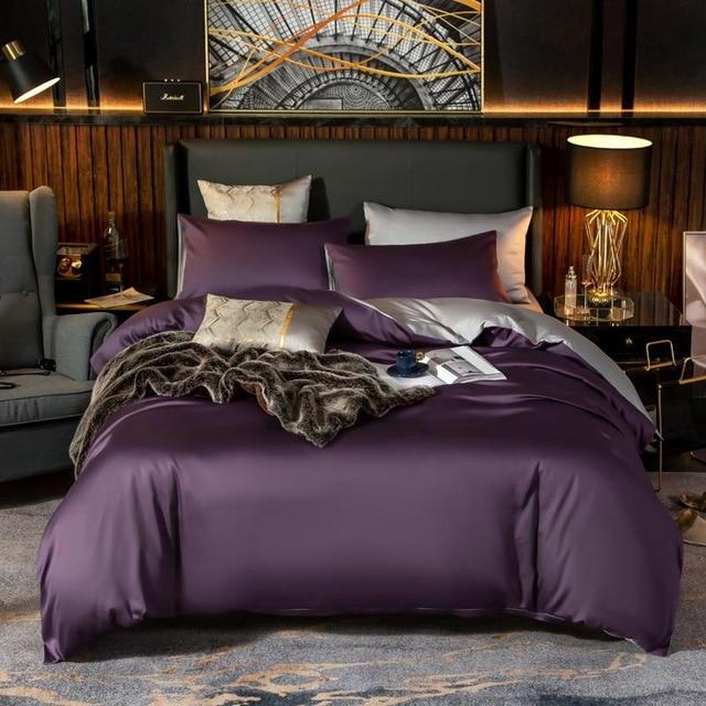 Reversible Violet Duvet Cover Set (Egyptian Cotton, 600 TC) Bedding Roomie Design Flat Bed Sheet 200 x 230 cm 