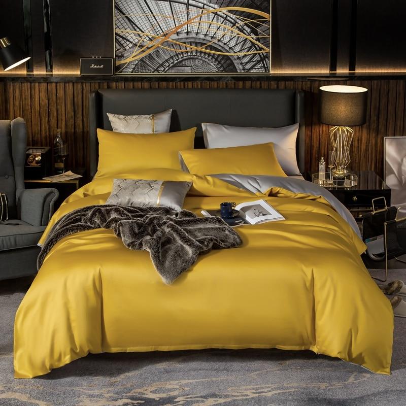 Reversible Yellow Duvet Cover Set (Egyptian Cotton, 600 TC) Bedding Roomie Design Flat Bed Sheet 200 x 230 cm 