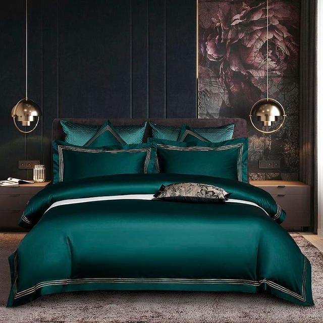Triplo Bourdon Green Duvet Cover Set (Egyptian Cotton) Bedding Roomie Design 200x230 cm Fitted Sheet 4 Piece Set